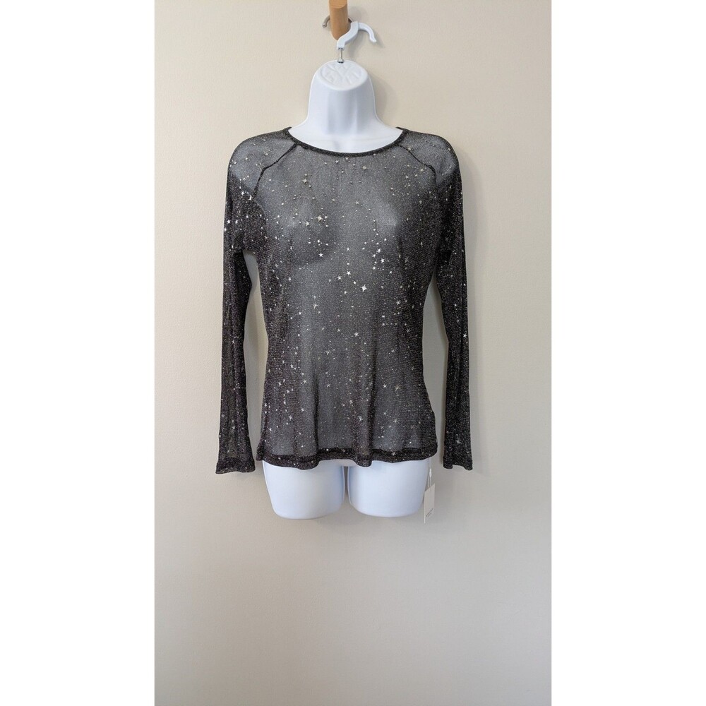Mango Pop Black Sheer Mesh Long Sleeve Layer Top L Celestial Stars Whimsigoth